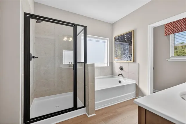 a bathroom with a tub shower and sink