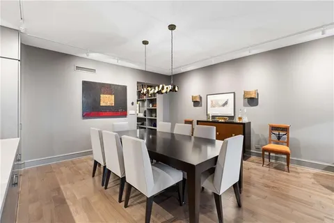 a view of a dining room with furniture
