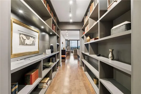 a hallway with chairs