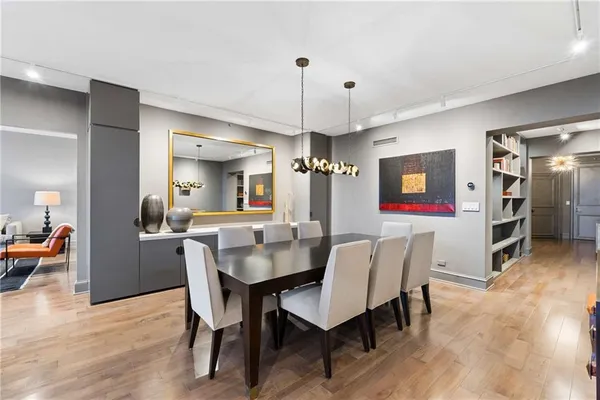 a view of a dining room with furniture