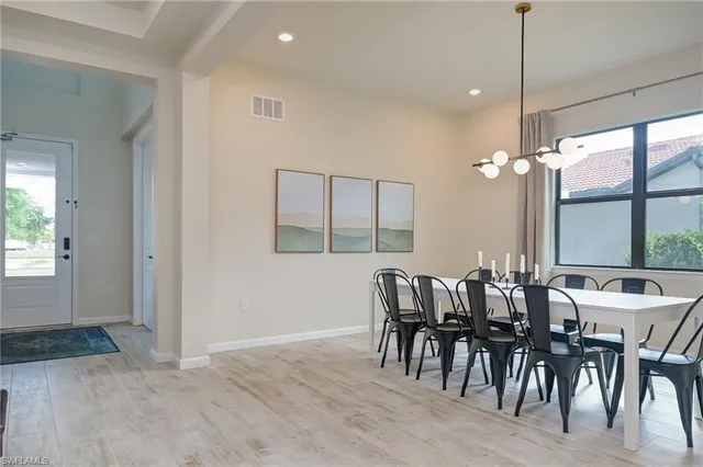 a view of a dining room with furniture window and outside view