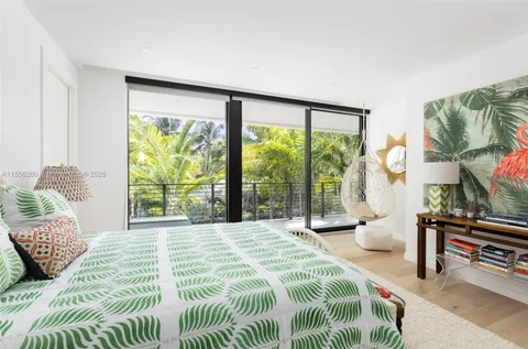 a bedroom with a bed and a large window with outer view