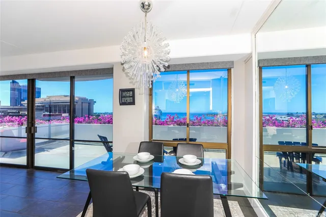 a view of a dining room with furniture wooden floor and chandelier