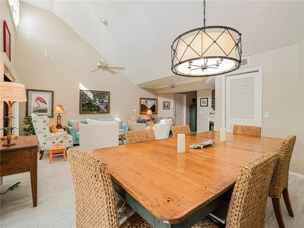 a view of a dining room with furniture