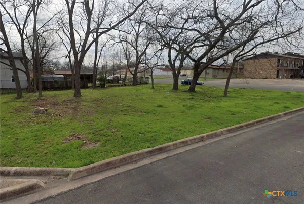 a view of a park with large trees