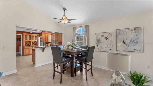a view of a dining room with furniture