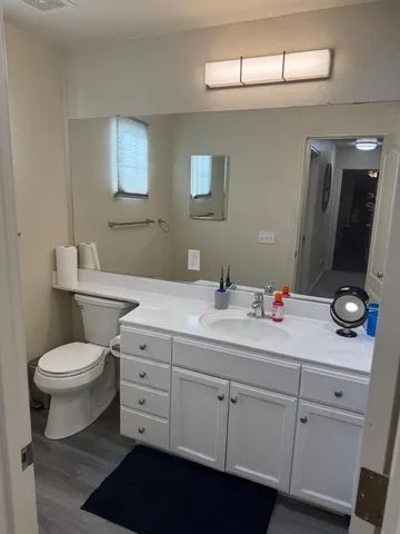 a bathroom with a toilet sink and mirror