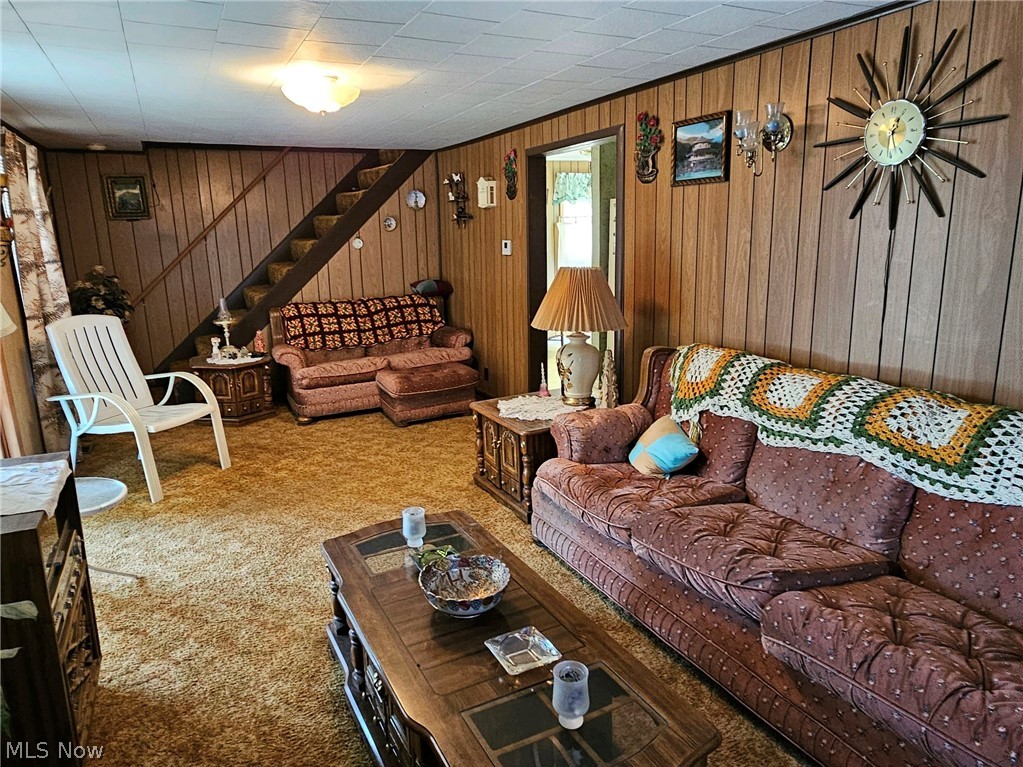 40497 Hanover Ridge Road Cadiz, OH 43907 - Photo 4 of 13 Living room featuring light colored carpet and wooden walls