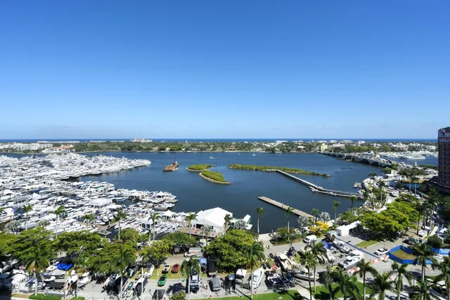 a view of a lake with a city