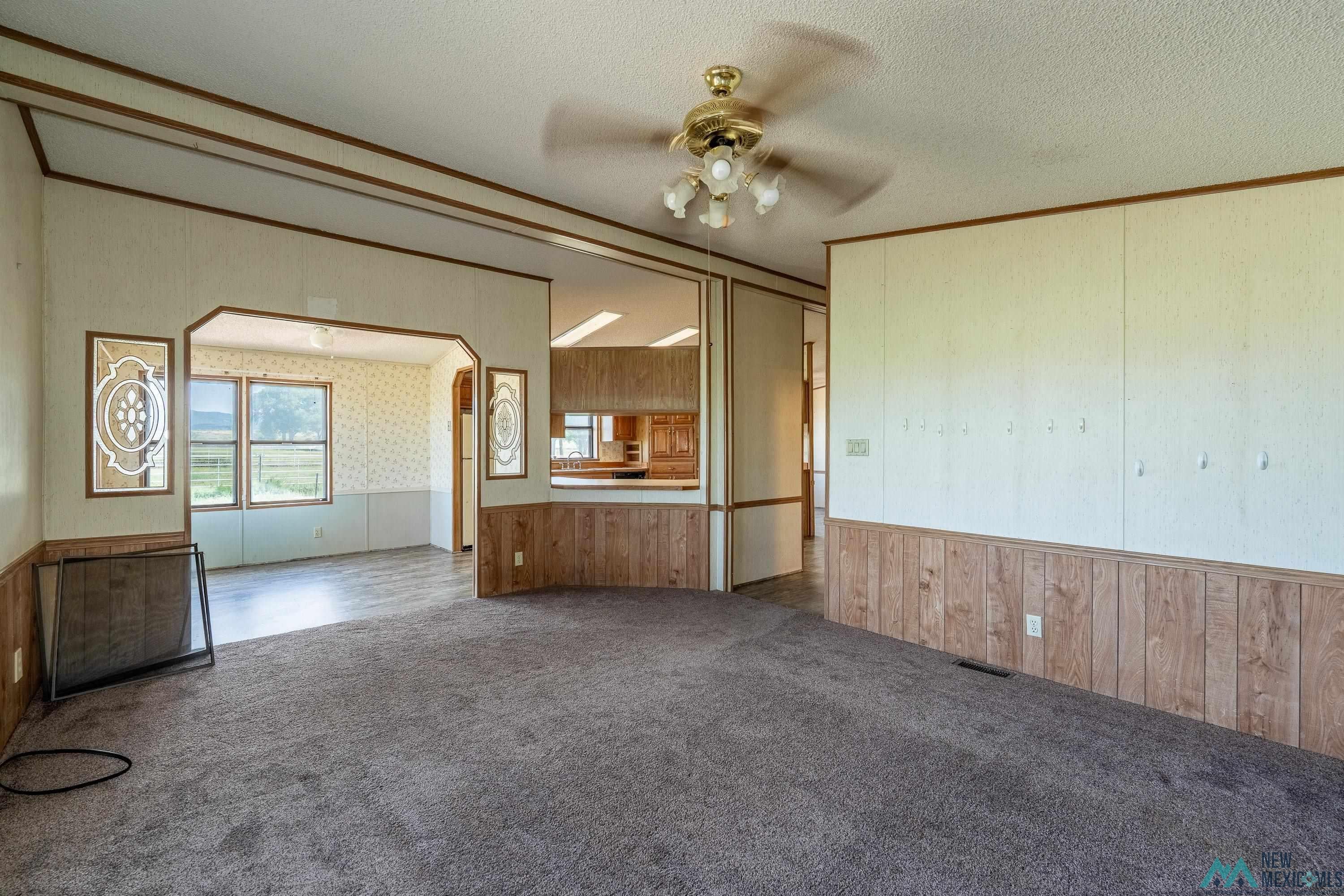 35234 Highway 87 Raton, NM 87740 - Photo 39 of 90 Unfurnished living room with wainscoting, wooden walls, carpet floors, arched walkways, and a ceiling fan