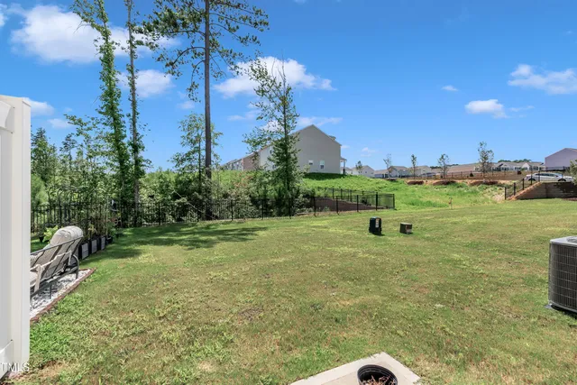 a view of a big yard with potted plants and large tree