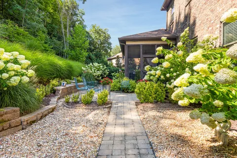 a view of a pathway with flower plants