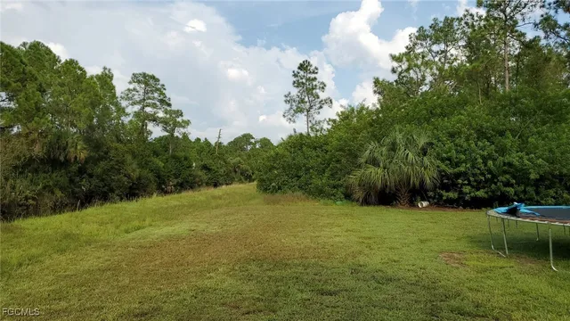 a backyard of a house with lots of green space and garden