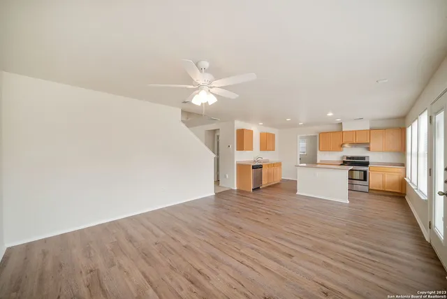 a view of kitchen with wooden floor