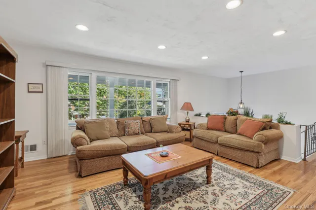 a living room with furniture a rug and a window