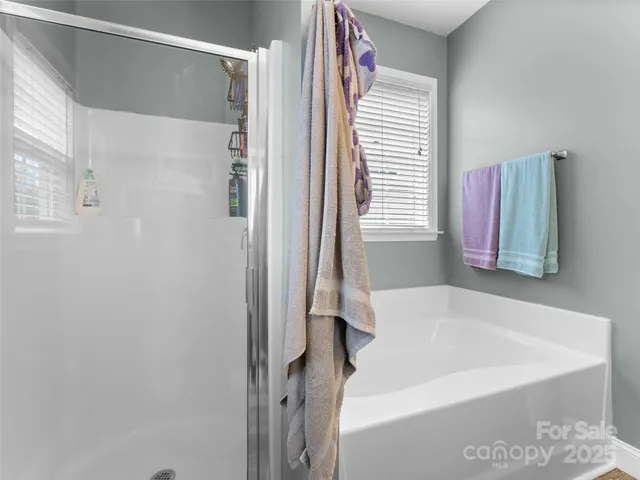 a bathroom with a bathtub and a shower