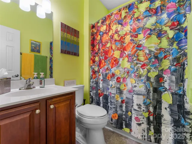 a bathroom with a sink mirror vanity and toilet