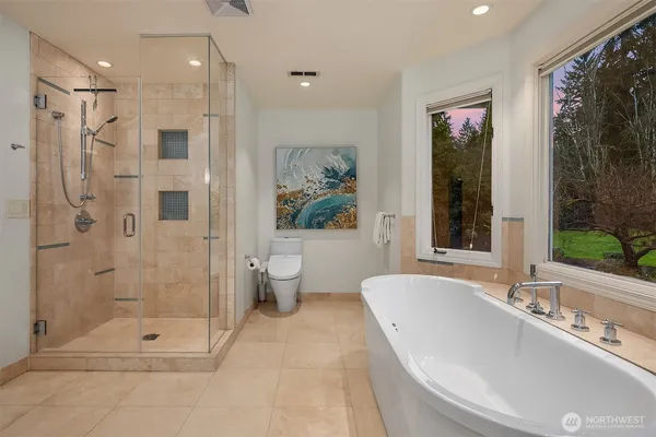 a bathroom with a tub sink toilet and a shower