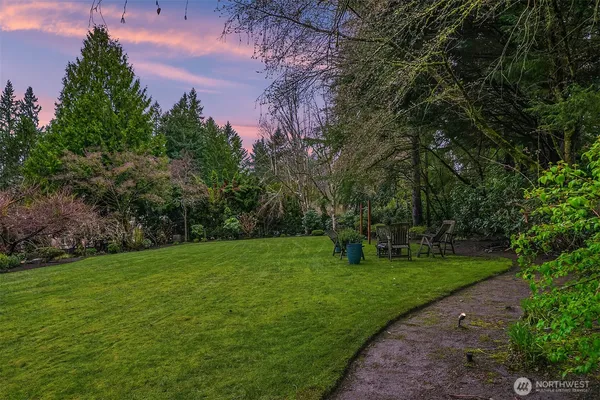 a view of a park with trees in the background