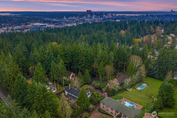 a view of a lake with a yard