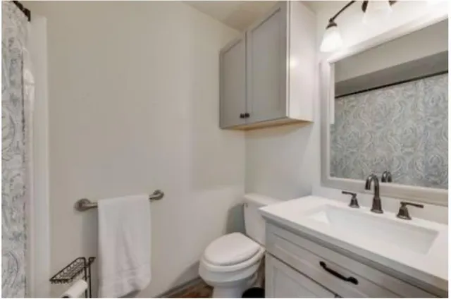 a bathroom with a sink a toilet and a mirror