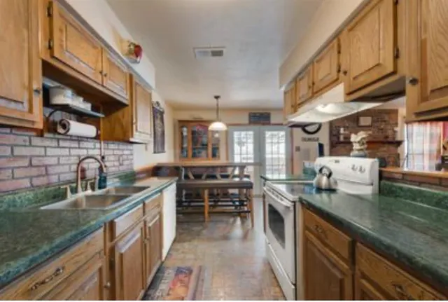 a kitchen with lots of counter top space