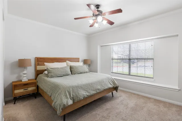 a bedroom with a bed and a large window