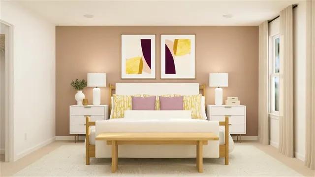 a bedroom with a bed and a table