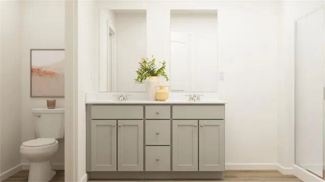 a bathroom with a sink a toilet and mirror