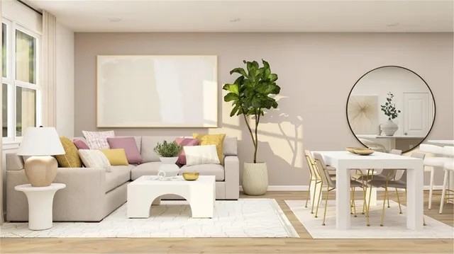 a living room with furniture a clock and a large window