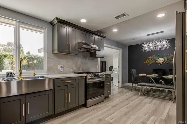 a kitchen with stainless steel appliances granite countertop a stove a sink and a microwave