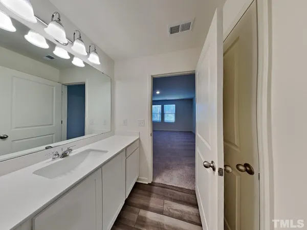 a bathroom with a sink vanity and a mirror
