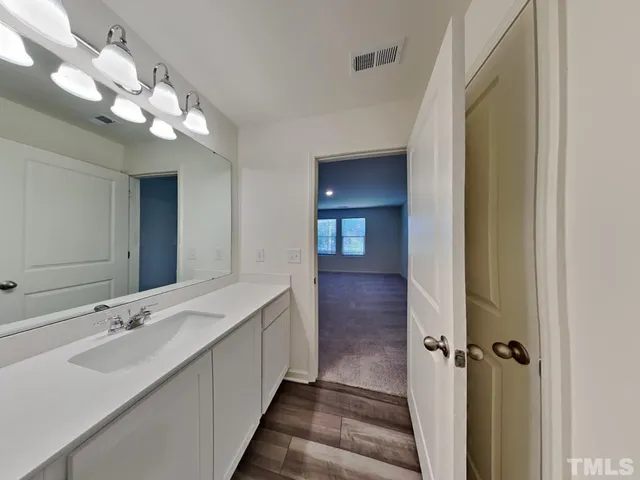 a bathroom with a sink vanity and a mirror