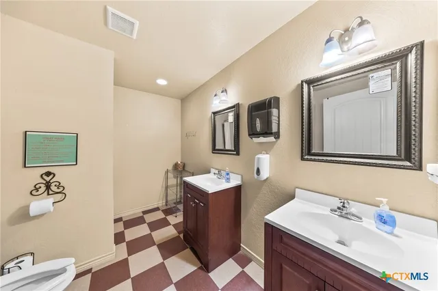 a bathroom with a sink mirror and vanity