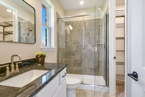 a bathroom with a sink toilet and shower