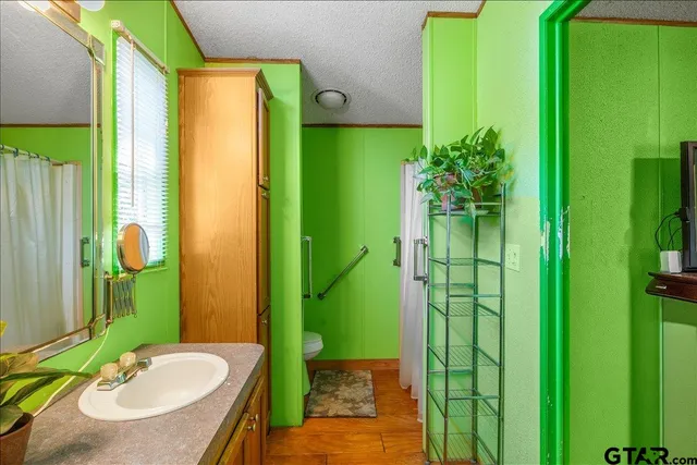 a bathroom with a sink a mirror and a shower
