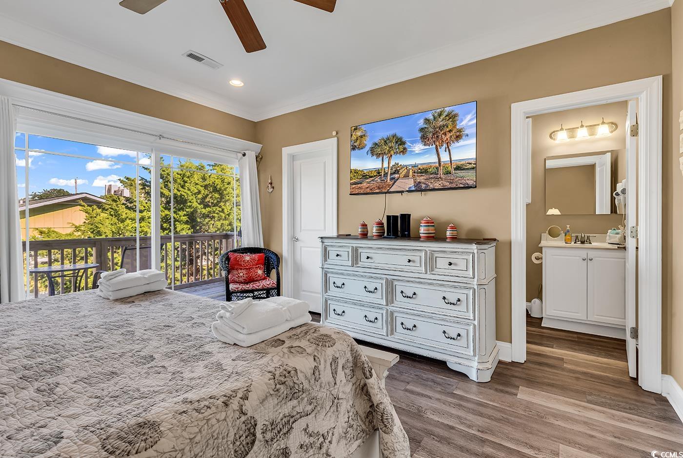 124 B Vista Drive Murrells Inlet, SC 29576 - Photo 15 of 38 Bedroom featuring dark wood-style floors, access to outside, ornamental molding, recessed lighting, and a ceiling fan