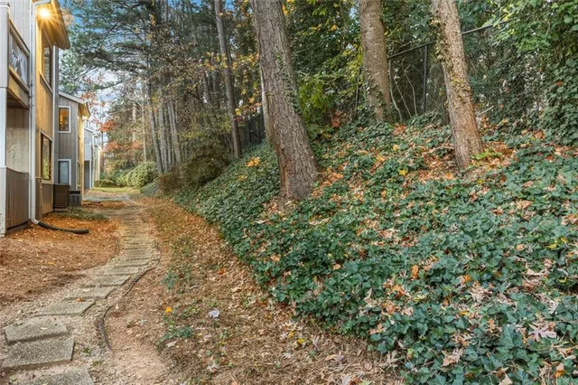 a view of a yard with plants and trees