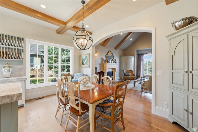 930 Price Farm Court Midway, UT 84049 - Photo 15 of 42 Dining area featuring beam ceiling, quarter sawn white oak flooring, RH chandelier