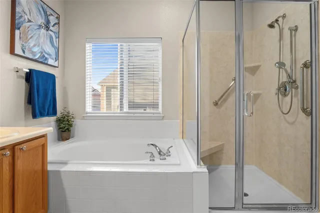 a bathroom with a bathtub and a shower
