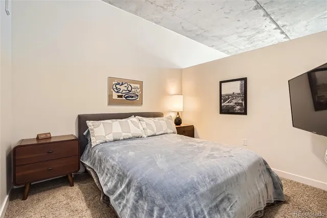 a bedroom with a bed and a flat screen tv