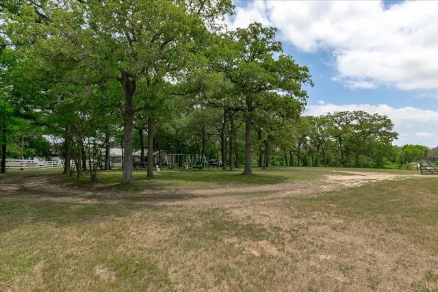 a view of a park with trees in the background