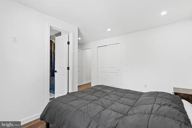 a bedroom with a bed and a closet