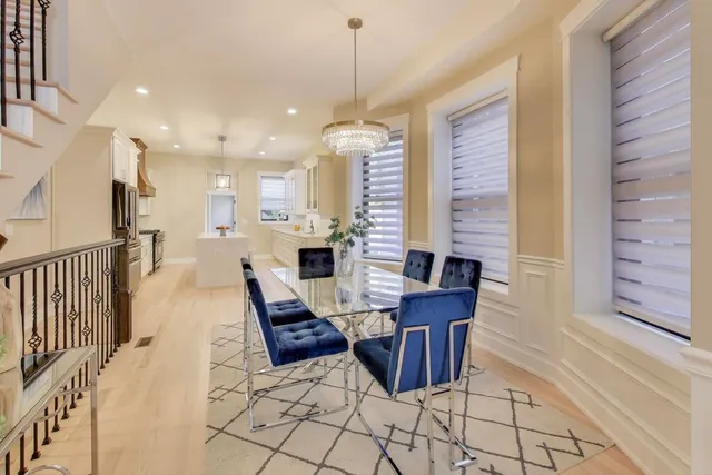 a view of a dining room with furniture