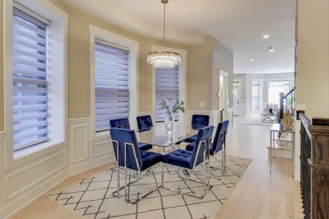 a view of a dining room with furniture