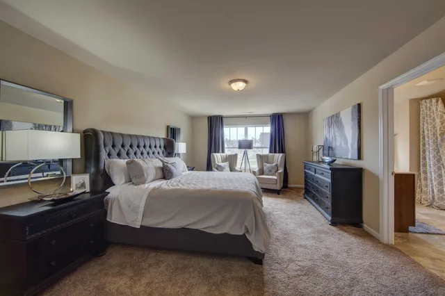 a bedroom with a large bed and furniture