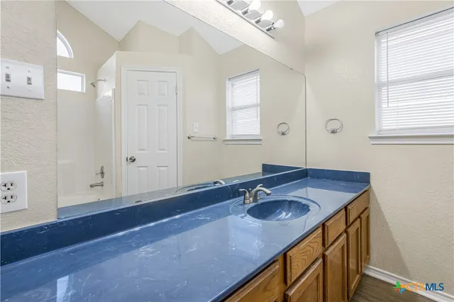 a bathroom with a sink a vanity and a mirror