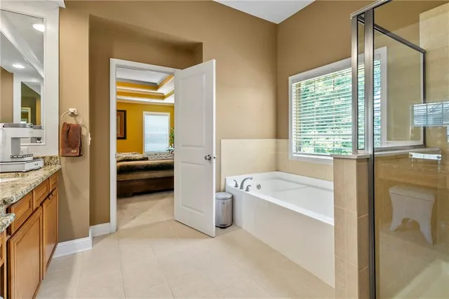 a bathroom with a tub sink and mirror