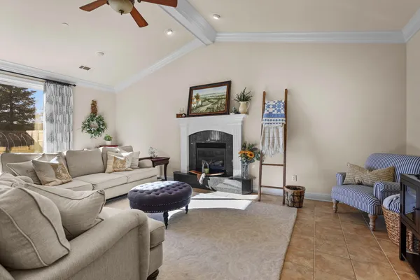 a living room with furniture and a fireplace