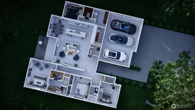 a front view of a building with lots of trees and plants